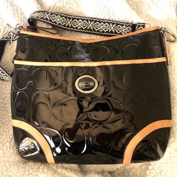 Vintage Coach Peyton Black Patent-Leather Shoulder Bag Tan Leather Trim - Picture 4 of 12